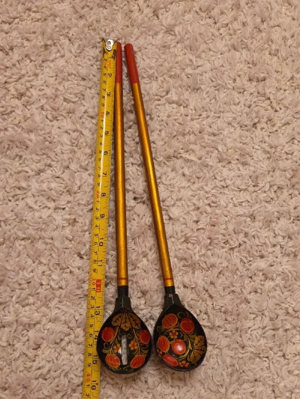 Khokhloma Hand-Painted Black and Gold Decorative Serving Spoons - Floral Design